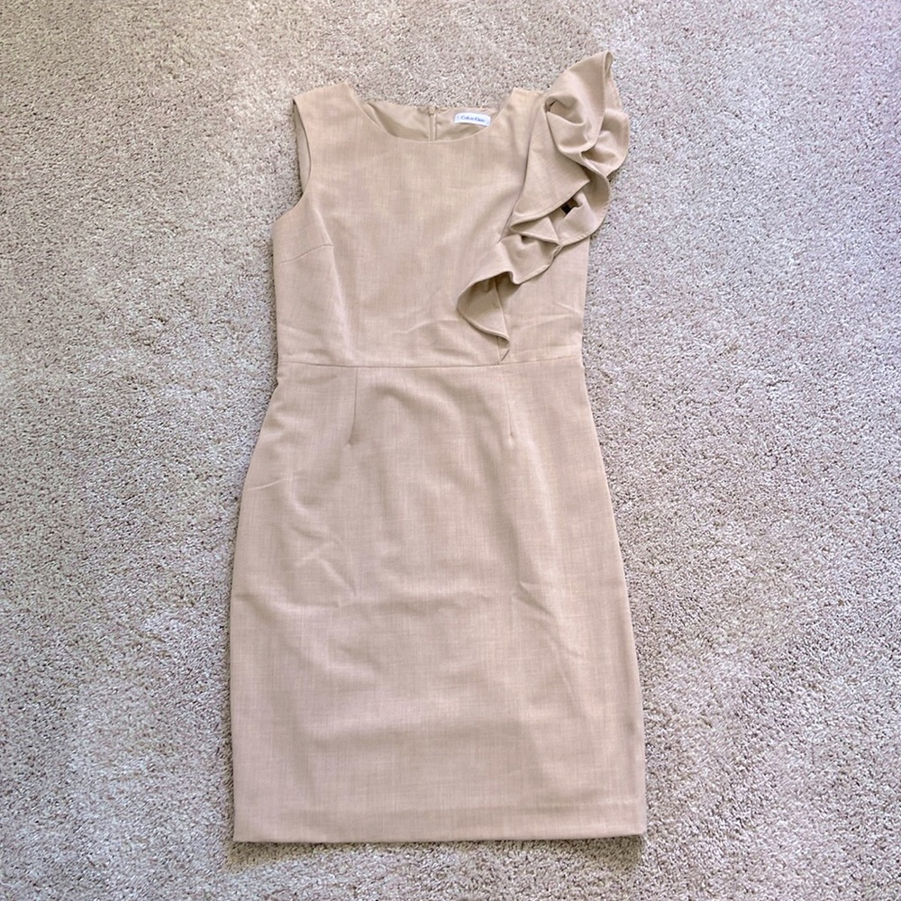 Calvin Klein • Tan Ruffle Detail Sleeveless Sheath Dress